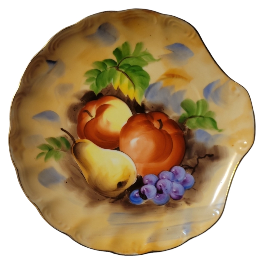 Vtg Luncheon Plate Hand Painted Fruit Design Tea Party Cup Placement Gold Rim